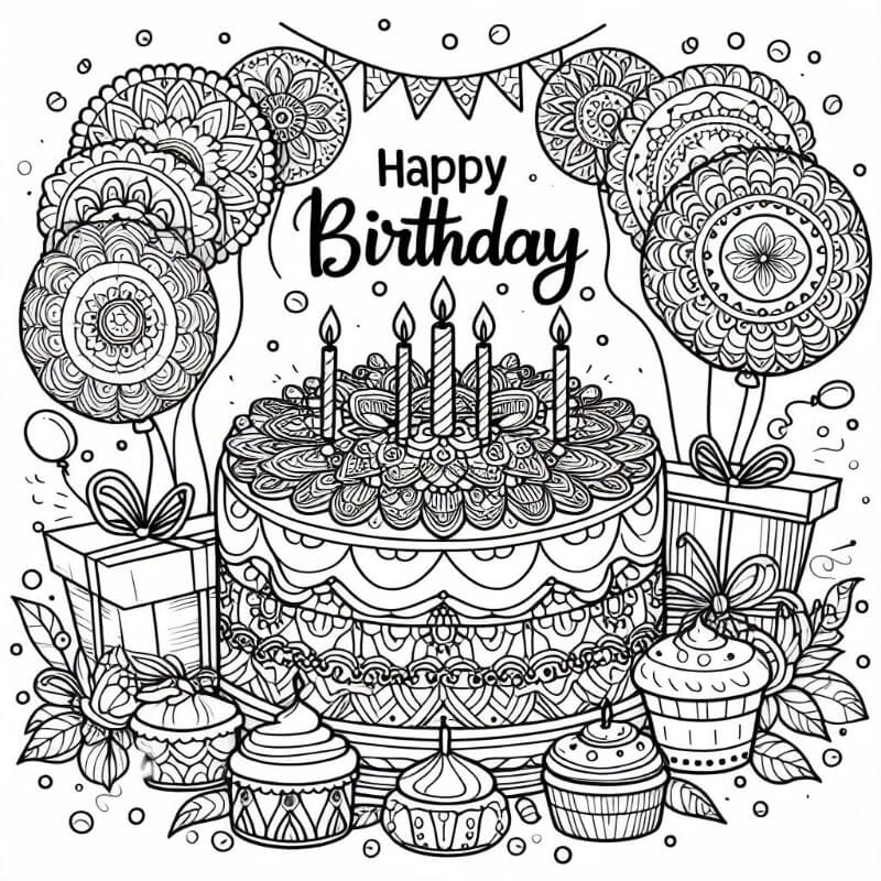 Happy Birthday mandala coloring page 