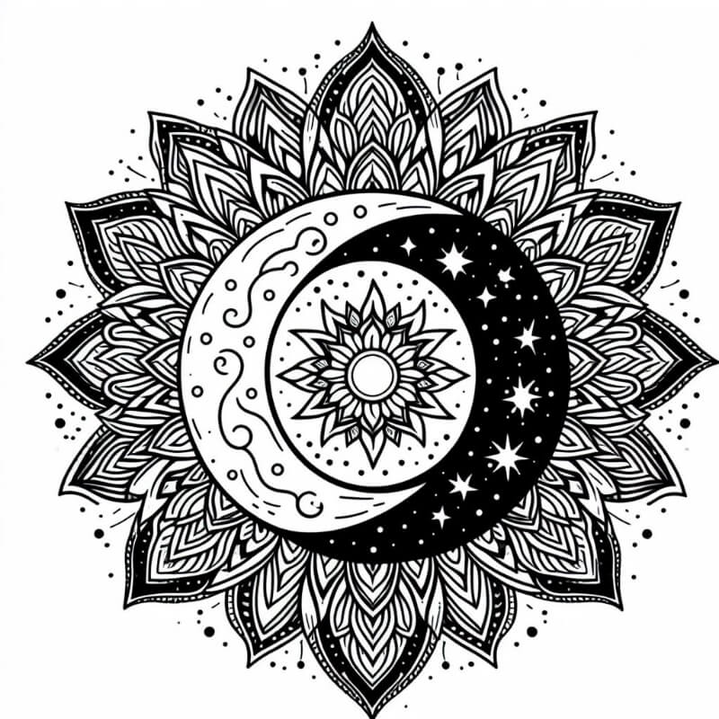 moon and sun mandala coloring page