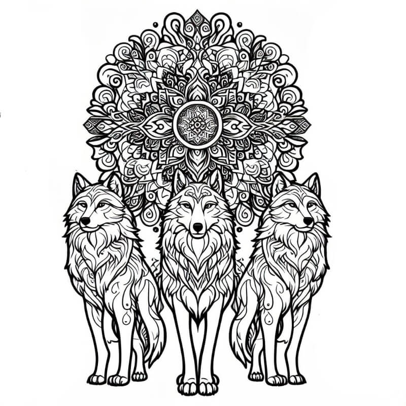 3 Wolves mandala coloring page 