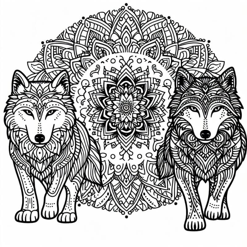 Wolves mandala coloring page 