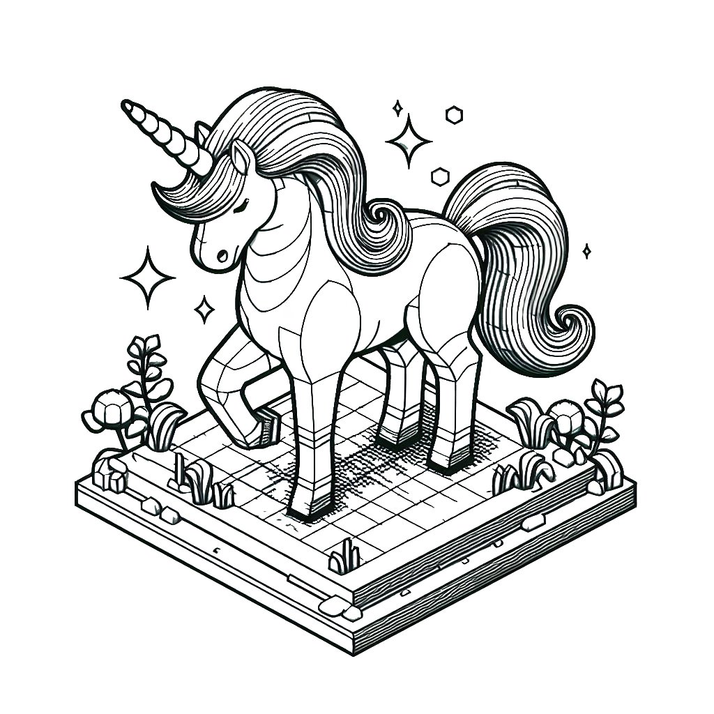 3D unicorn coloring page 