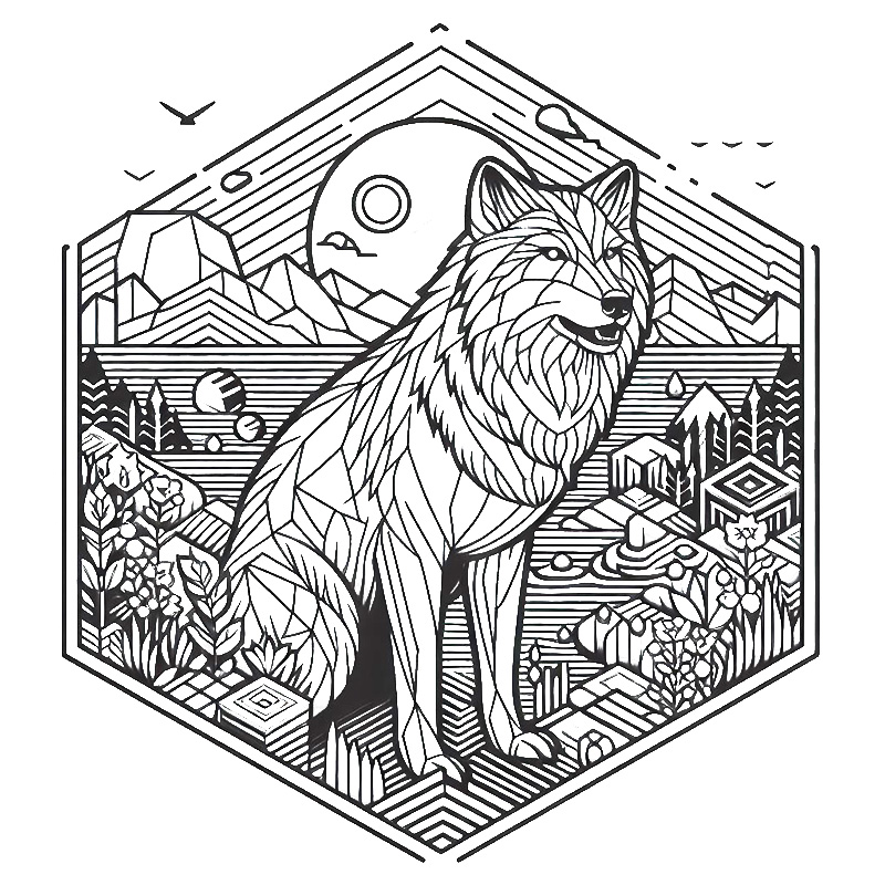 3D Wolf coloring page 