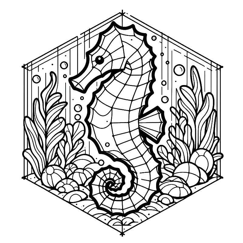 3D Cute Sea Horse coloring page