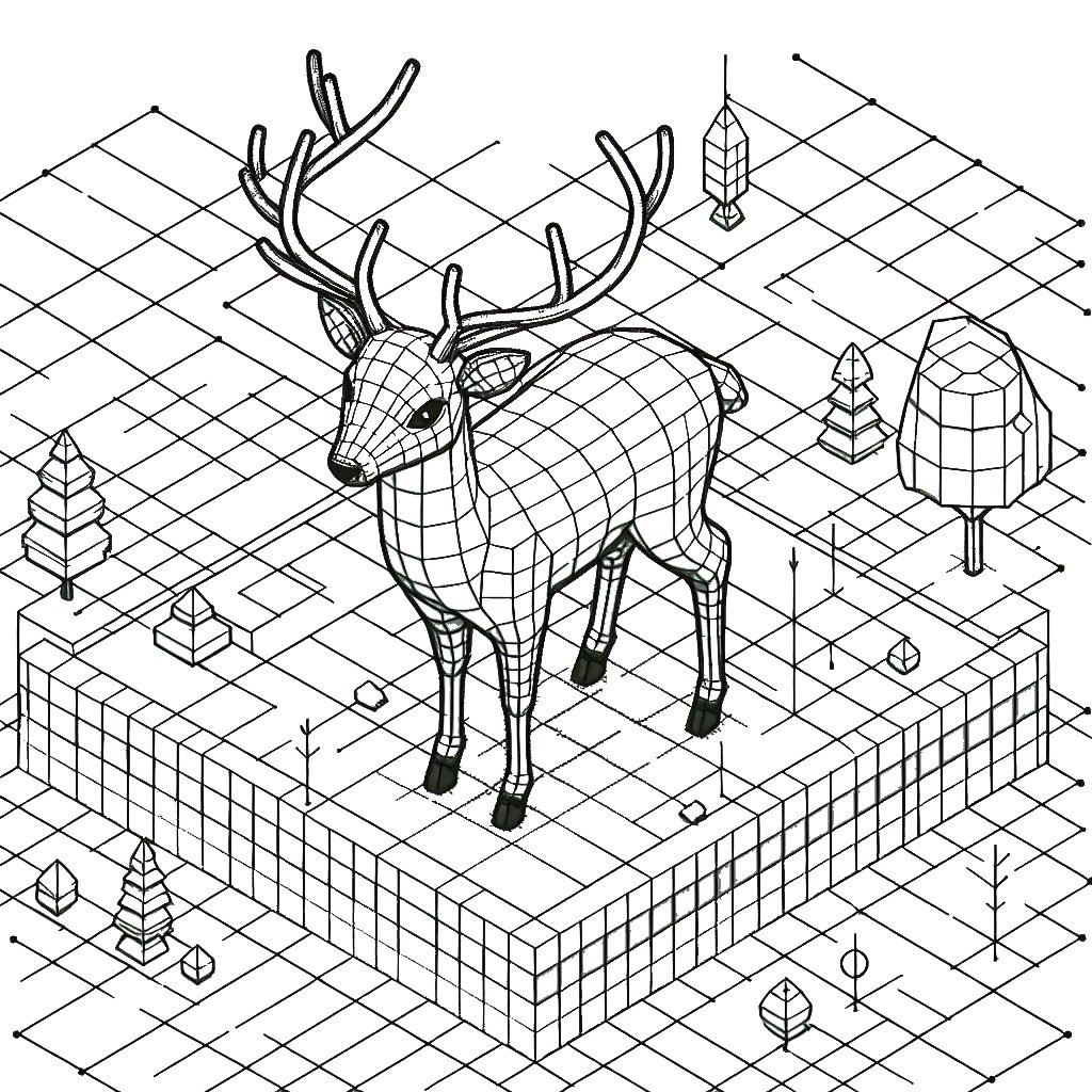 3D deer coloring page 